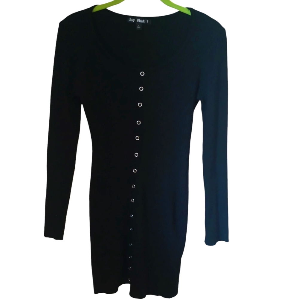 Say What ? Women's Black Rib Knit Dress With Faux Snaps Size L